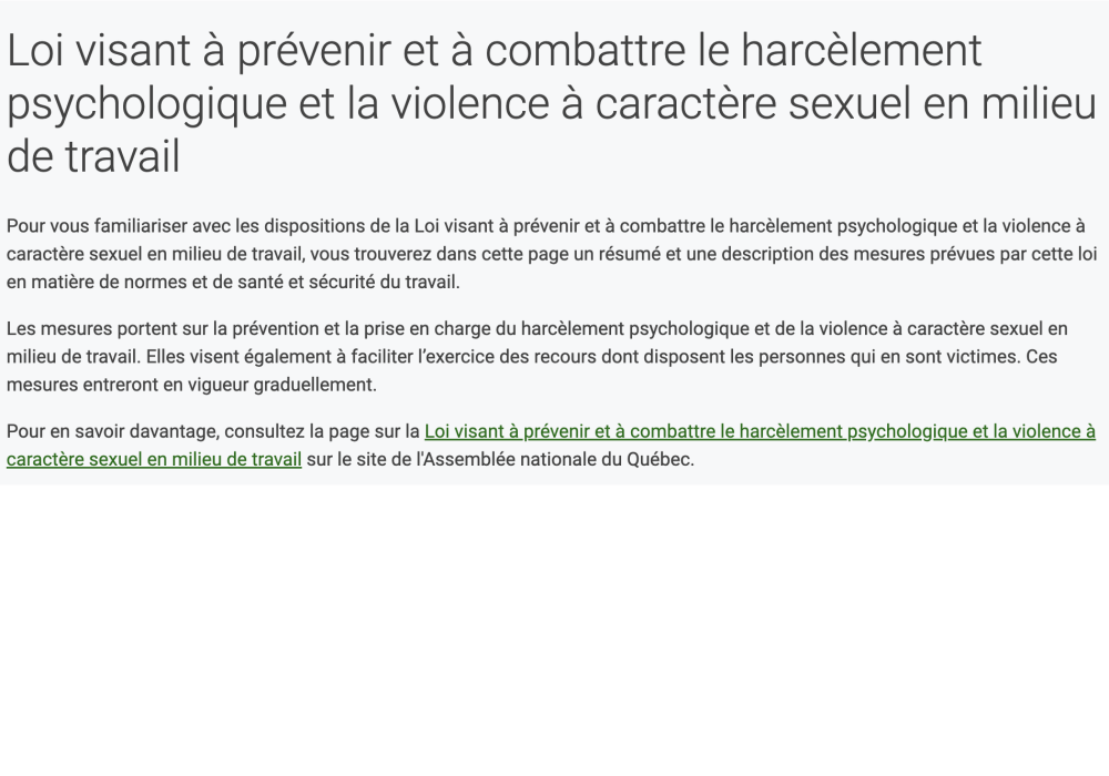 Mise à jour de la politique en matière de harcèlement psychologique et sexuel