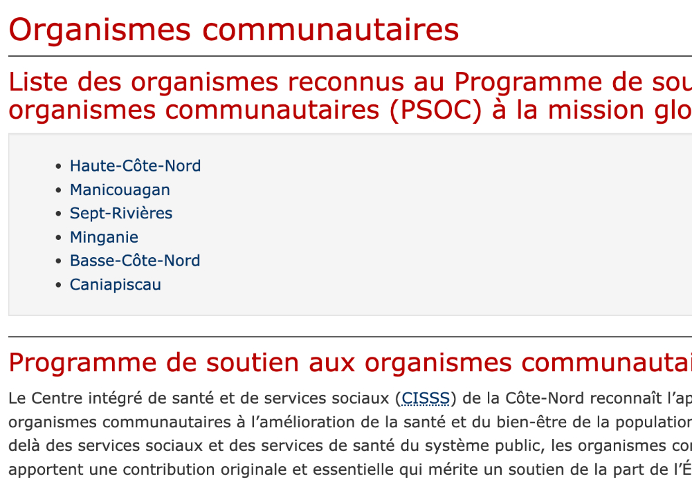 Liste des organismes reconnus au Programme de soutien aux organismes communautaires (PSOC) à la mission globale